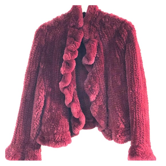 Trilogy Collection: Tibetan Rabbit Maroon Fur Coat - Picture 1 of 7